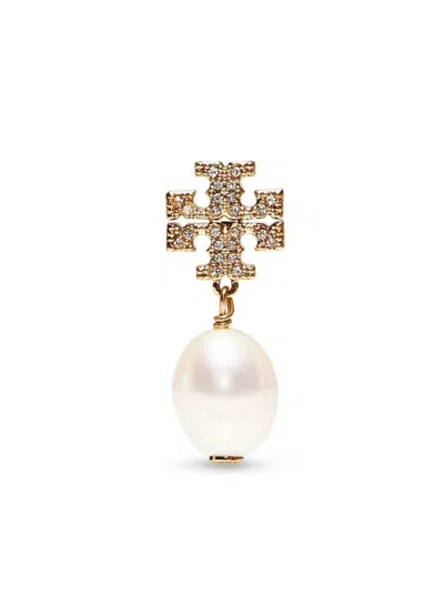 Tory Burch Gold-colored Earrings With Crystal Pavè And Pearl Pendanti In Brass Woman In Grey
