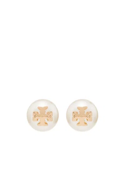 TORY BURCH GOLD-COLORED PEARL STUD EARRINGS WITH LOGO DETAIL IN BRASS WOMAN
