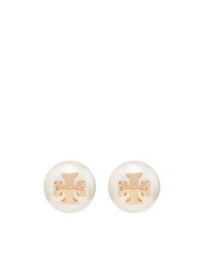 Tory Burch Logo-plaque Pearl Stud Earrings In Metallic