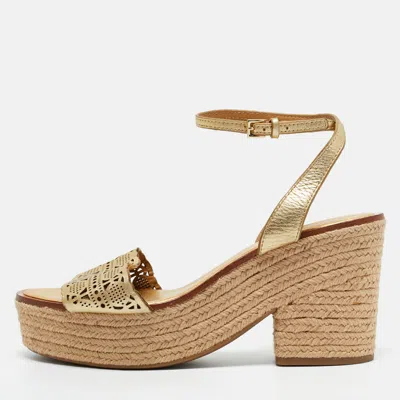 Pre-owned Tory Burch Gold Cutout Leather Roselle Espadrille Platform Sandals Size 41