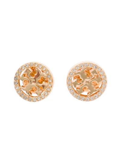 TORY BURCH GOLD EARRINGS WITH LOGO DETAIL AND RHINESTONE