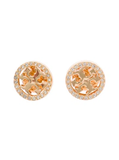 Tory Burch Gold Earrings With Logo Detail And Rhinestone In Grey