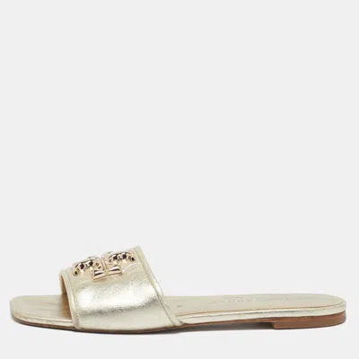 Pre-owned Tory Burch Gold Leather Eleanor Flat Slides Size 37.5