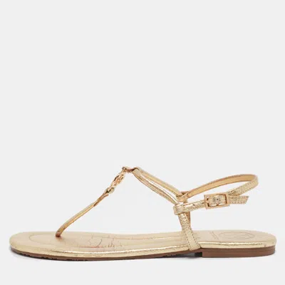 Pre-owned Tory Burch Gold Leather Emmy Thong Sandals Size 36.5