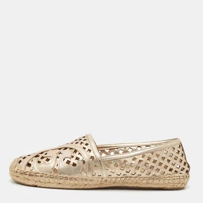 Pre-owned Tory Burch Gold Leather Laser Cut Espadrille Flats Size 40