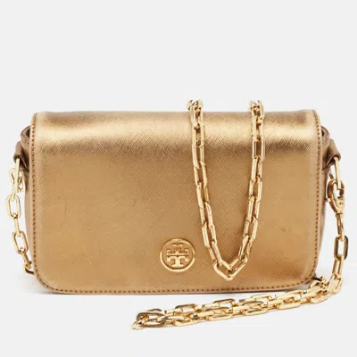 Pre-owned Tory Burch Gold Leather Logo Flap Chain Bag