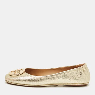 Pre-owned Tory Burch Gold Leather Minnie Travel Ballet Flats Size 39.5