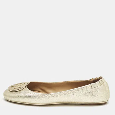 Pre-owned Tory Burch Gold Metallic Leather Reva Scrunch Ballet Flats Size 39.5