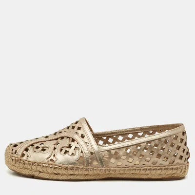 Pre-owned Tory Burch Gold Perforated Leather Espadrille Flats Size 36.5