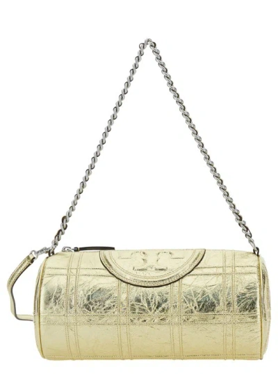 Tory Burch Gold Shoulder Bag With Embossed Double T Logo In Metallic Leather In Neutrals