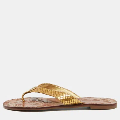 Pre-owned Tory Burch Gold Snakeskin Embossed Leather Monroe Thong Flats Size 37