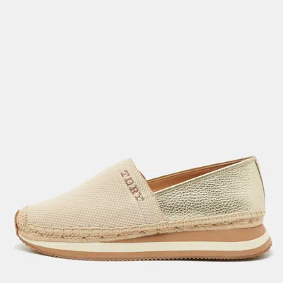 Pre-owned Tory Burch Gold/beige Knit Fabric Daisy Espadrille Slip On Sneakers Size 39