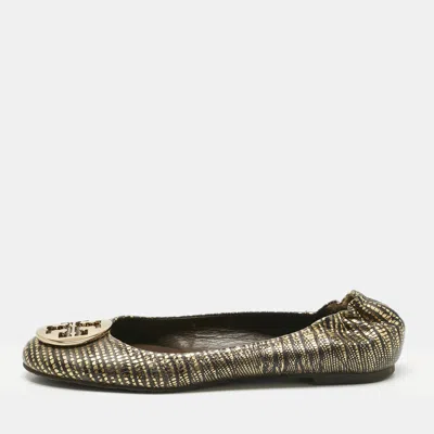 Pre-owned Tory Burch Gold/dark Brown Lizard Embossed Leather Minnie Ballet Flats Size 39 In Green