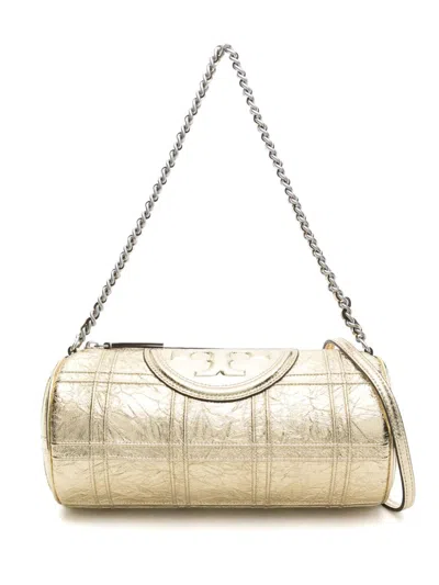 Tory Burch Golden Leather Handbag With Metallic Finish And Piped-trim Detailing