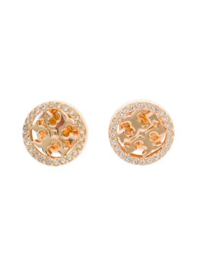 Tory Burch Gold Earrings With Logo Detail And Rhinestone In Grey