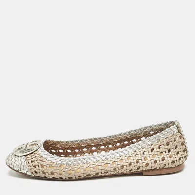 Pre-owned Tory Burch Gold/silver Woven Leather Reva Scrunch Ballet Flats Size 37