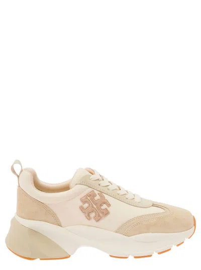 TORY BURCH GOOD LUCK BEIGE LOW TOP SNEAKERS WITH LOGO DETAIL AND OVERSIZED PLATFORM IN SUEDE WOMAN