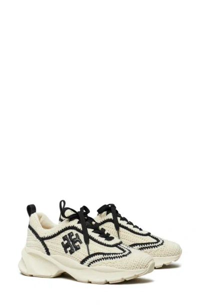 Tory Burch Good Luck Crochet Trainer In New Ivory / Perfect Black