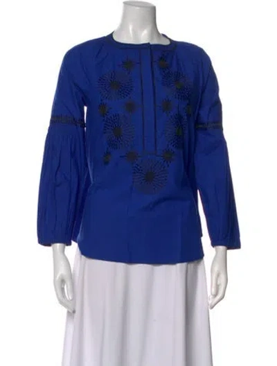Pre-owned Tory Burch Graphic Print Crew Neck Blouse In Blue