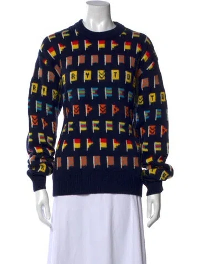 Pre-owned Tory Burch Graphic Print Crew Neck Sweater W/ Tags In Blue