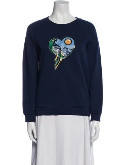 Pre-owned Tory Burch Graphic Print Crew Neck Sweatshirt In Blue