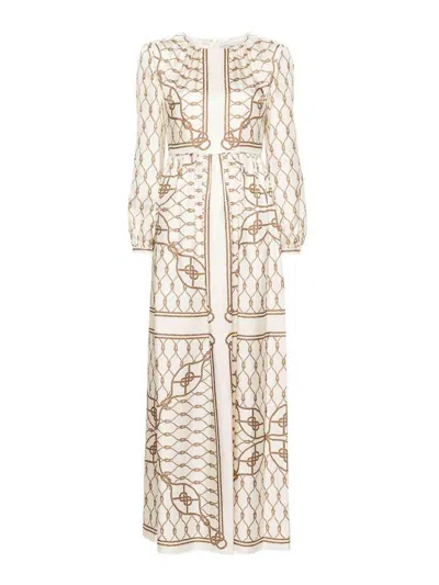 Tory Burch Silk Chain Print Midi Dress With Long Sleeves In White