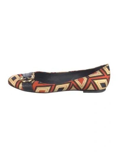 Pre-owned Tory Burch Graphic Print Leather Trim Embellishment Ballet Flats In Yellow