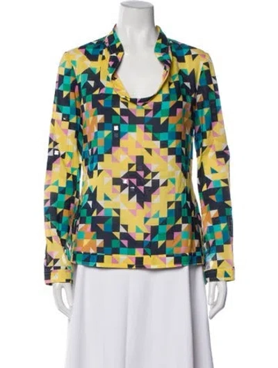 Pre-owned Tory Burch Graphic Print Long Sleeve Blouse In Yellow
