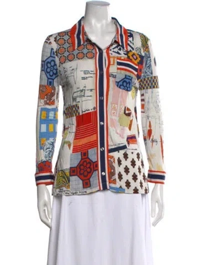 Pre-owned Tory Burch Graphic Print Long Sleeve Button-up Top In White