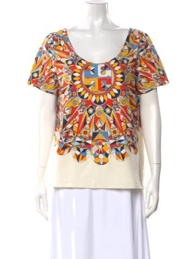 Pre-owned Tory Burch Graphic Print Scoop Neck T-shirt In Neutral