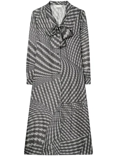 Tory Burch Graphic-print Silk Midi Shirtdress In Black