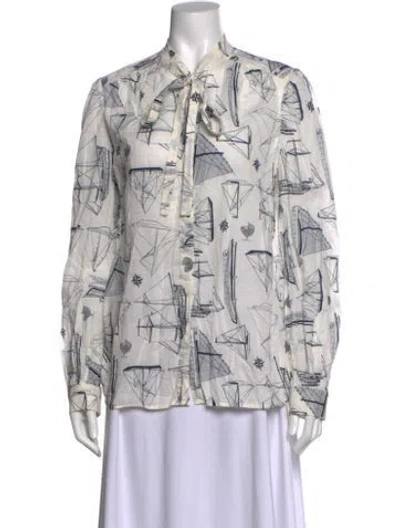 Pre-owned Tory Burch Graphic Print Tie Neck Blouse In Neutral