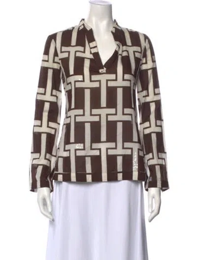 Pre-owned Tory Burch Graphic Print V-neck Blouse In Brown