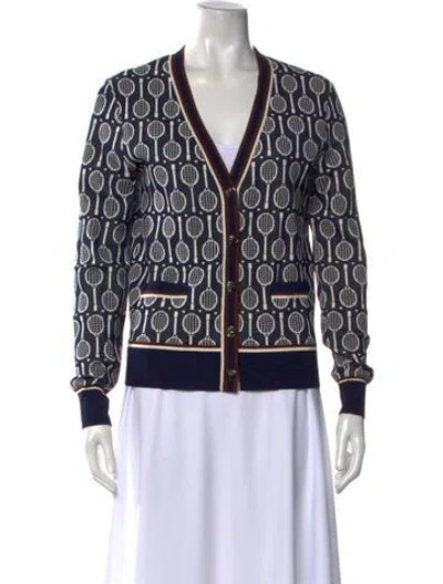 Pre-owned Tory Burch Graphic Print V-neck Sweater In Blue