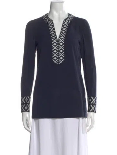 Pre-owned Tory Burch Graphic Print V-neck Tunic In Blue
