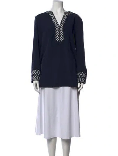 Pre-owned Tory Burch Graphic Print V-neck Tunic In Blue