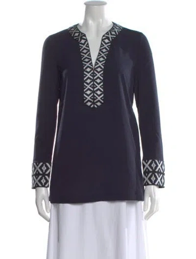 Pre-owned Tory Burch Graphic Print V-neck Tunic W/ Tags In Blue