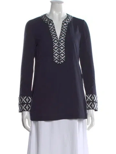 Pre-owned Tory Burch Graphic Print V-neck Tunic W/ Tags In Blue