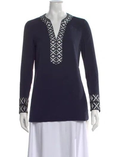 Pre-owned Tory Burch Graphic Print V-neck Tunic W/ Tags In Blue