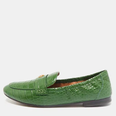 Pre-owned Tory Burch Green Croc Embossed Leather Slip On Loafers Size 39.5