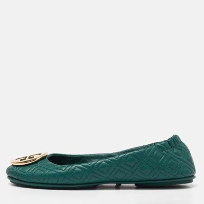 Pre-owned Tory Burch Green Leather Logo Ballet Flats Size 37