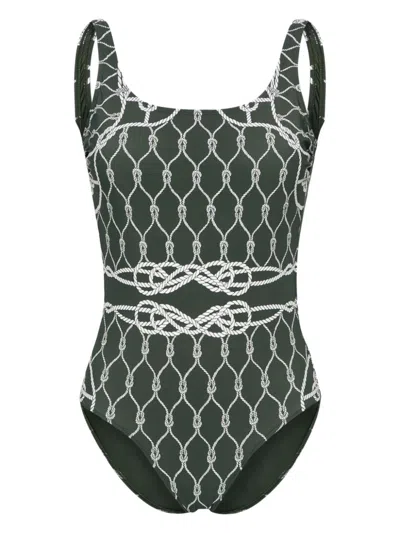 Tory Burch Green Printed One-piece Swimsuit For Women With Open Back And 28% Lycra, 71% Nylon For Ss24