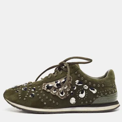 Pre-owned Tory Burch Green Suede Scarlett Crystal Embellished Trainers Size 38.5