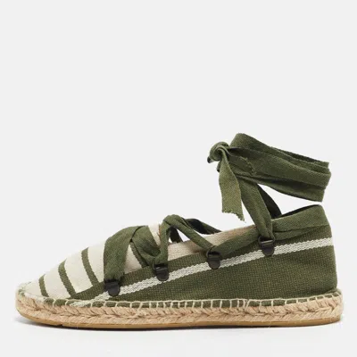 Pre-owned Tory Burch Green/white Stripe Canvas Ankle Wrap Espadrille Flats Size 37