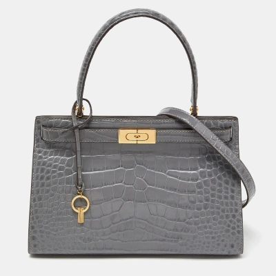 Pre-owned Tory Burch Grey Croc Embossed Leather Small Lee Radziwill Top Handle Bag