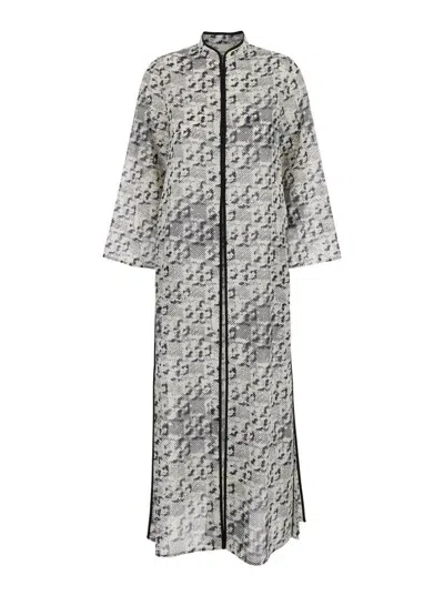 TORY BURCH GREY KAFTAN WITH CONTRASTING TRIMS AND EYELET CLOSURE ON THE FRONT
