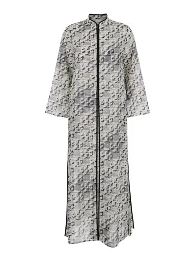 Tory Burch Grey Kaftan With Contrasting Trims And Eyelet Closure On The Front In Silk And Cotton Blend Woman In Gray