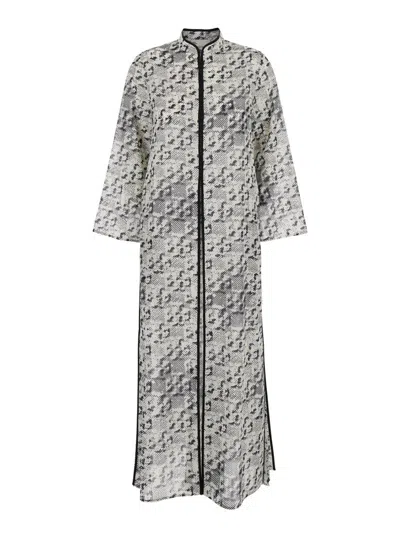 Tory Burch Grey Kaftan With Contrasting Trims And Eyelet Closure On The Front In Silk And Cotton Blend Woman In Gray