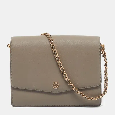 Pre-owned Tory Burch Grey Leather Robinson Flap Shoulder Bag In Gray