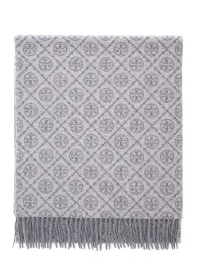 Tory Burch Grey Scarf With All-over T Motif Monogram And Fringed Edges In Wool Woman In Gray